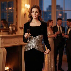 DESIGNER RICHARD WARREN BLACK GOLD LAME DETAIL LONG SLEEVE VINTAGE EVENING DRESS